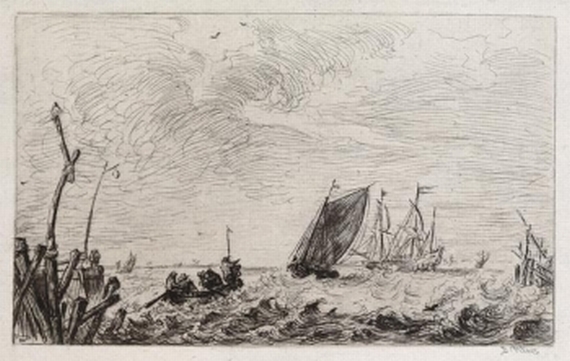 Bonaventura Peeters d. Ä. - Fischerboote, Ruderboot und Segelschiff vor einer Hafeneinfahrt