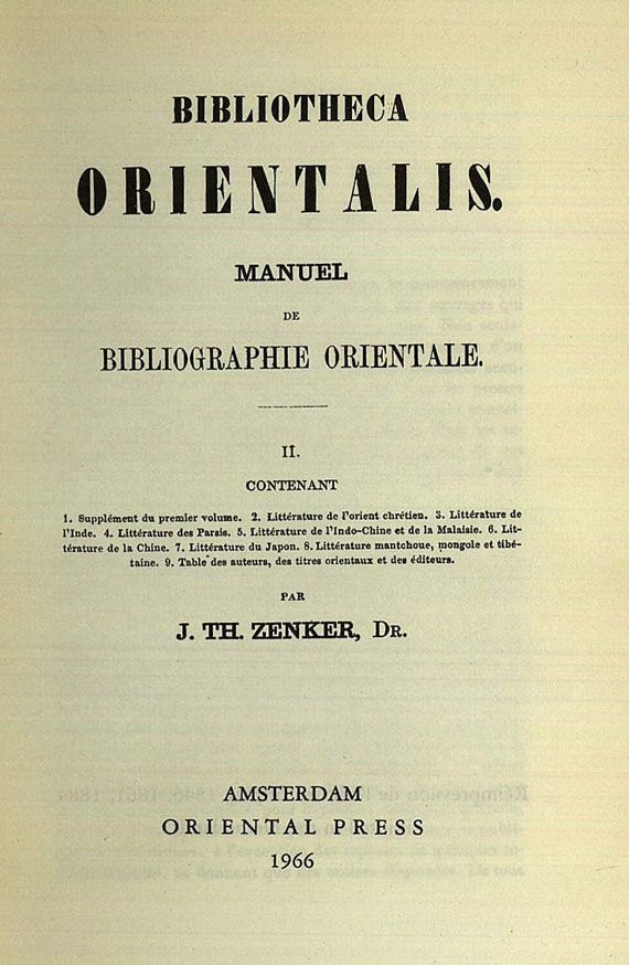 Julius Theodor Zenker - Bibliotheca Orientalis. 2 Bde. 1966