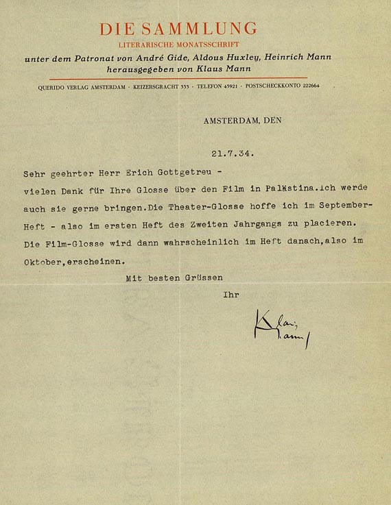 Klaus Mann - Masch. Brief an E. Gottgetreu. 1934.