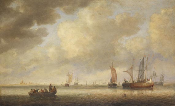  Niederlande - Segelschiffe und ein bemanntes Ruderboot vor holländischer Küstenlandschaft