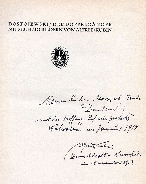 Alfred Kubin - Dostojewski: Der Doppelgänger. Mit Widmung von A. Kubin. 1913.
