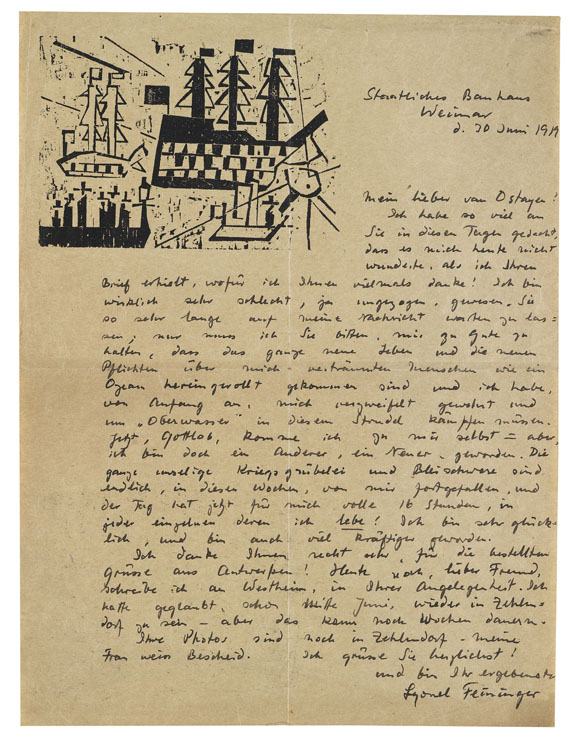 Lyonel Feininger - Autograph mit Holzschnitt. 1919.