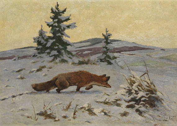 Karl Deiker - Fuchs auf Vogeljagd im Schnee