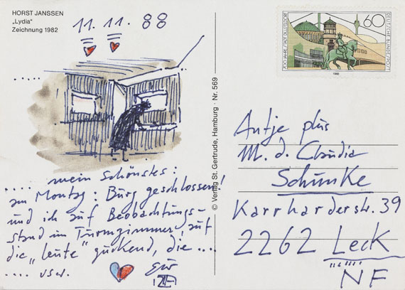 Horst Janssen - 2 eigh. Postkarten m. Selbstporträt (Lümmel/Burg). 1988-90.