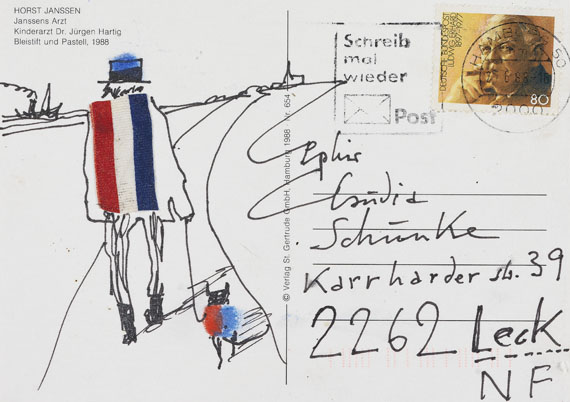 Horst Janssen - 3 eigh. Postkarten mit Collagen u. Zeichnung. 1988-90.