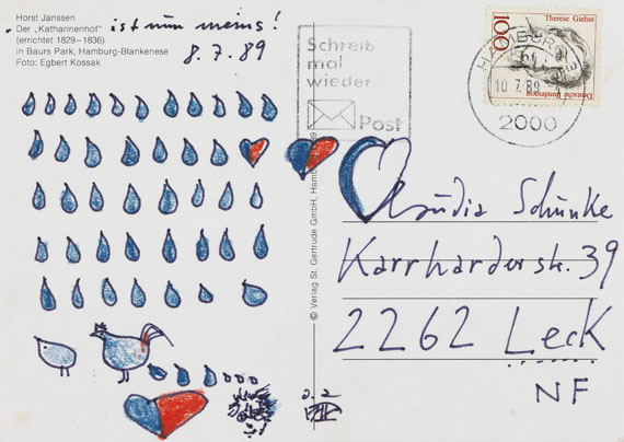 Horst Janssen - 4 eigh. Postkarten mit kl. Zeichnung (durchstochenes Herz/Tropfenmuster/Buchstabenrätsel/Tränen. 1986-89.