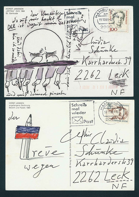 Horst Janssen - 2 eigh. Postkarten mit Zeichnung (Vollmond/Treue). 1988-89.