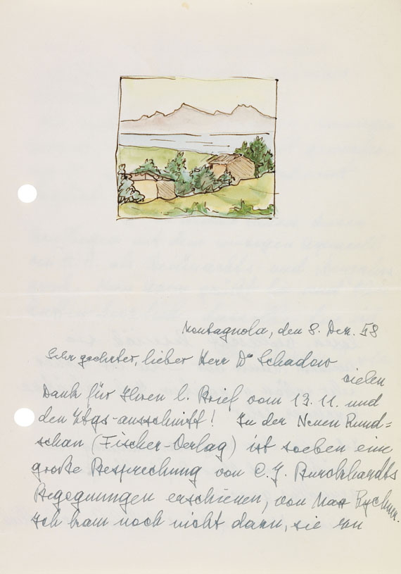 Hermann Hesse - Aquarell auf Brief von Ninon Hesse (gelocht). 1958 - Weitere Abbildung