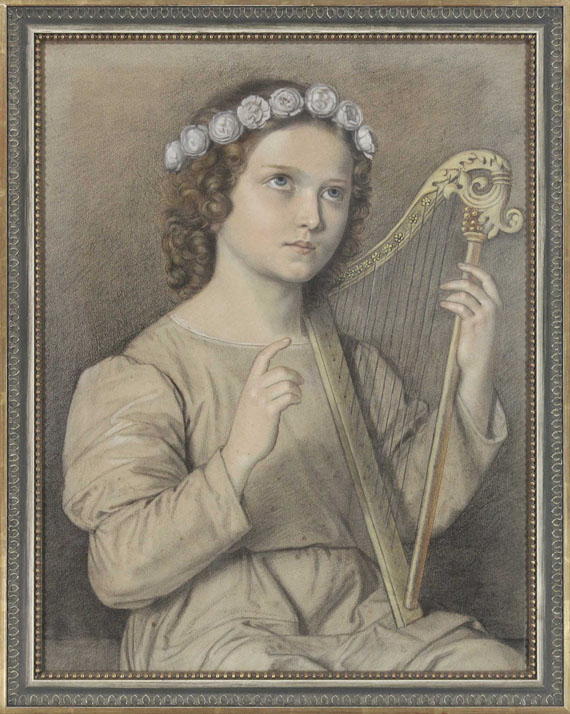 Marie Ellenrieder - Blumenbekränztes Mädchen mit Harfe (Heilige Cäcilie) - Rahmenbild